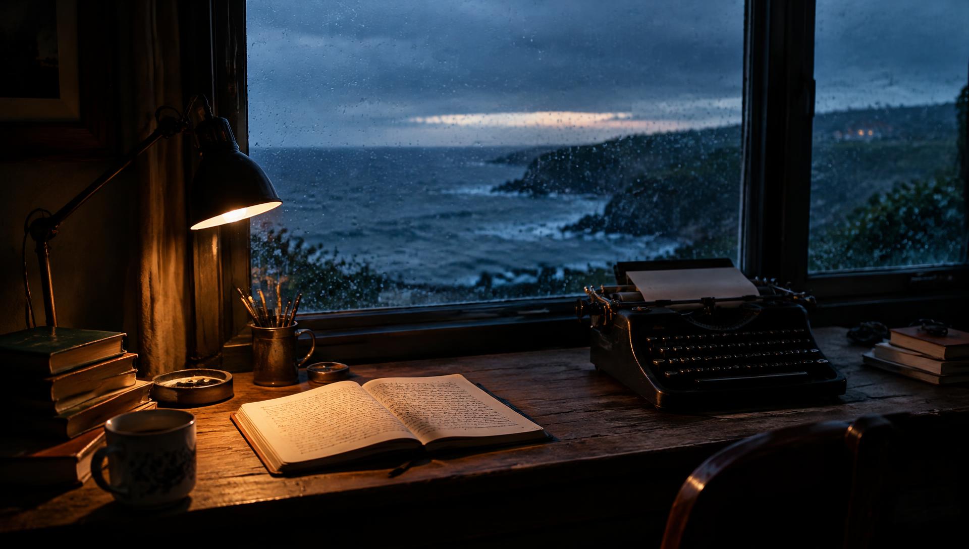 A writer's desk by a rain-speckled window overlooking a grey sea — an open notebook, a typewriter, a warm lamp